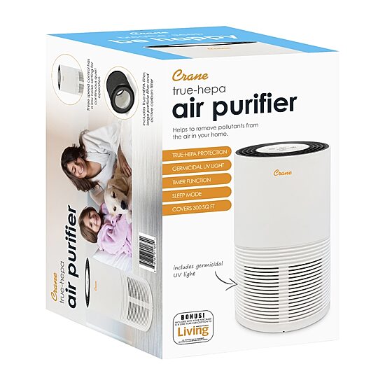 Crane True HEPA Air Purifier With Germicidal UV Light, 300 Sq Ft. Coverage, Premium