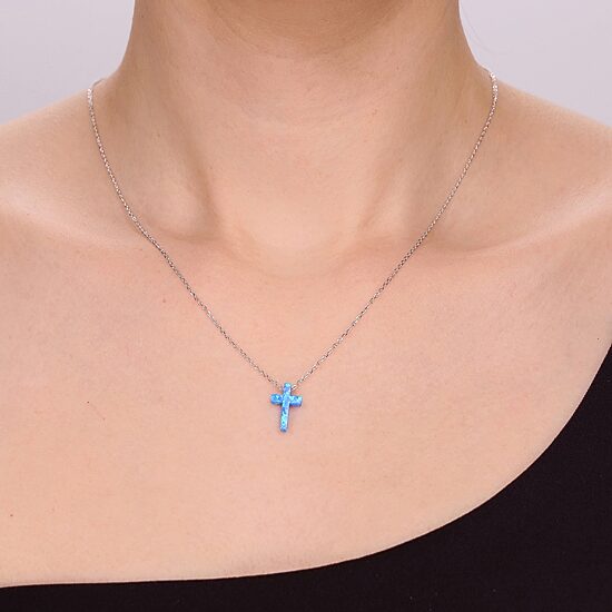 Womens Lab Created Blue Opal Sterling Silver Cross 18 Inch Pendant Necklace
