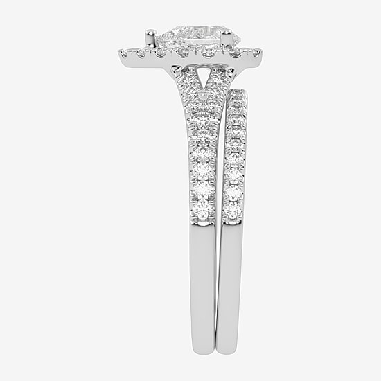 (G-H / Vs2-Si1) Womens 1 CT. T.W. Lab Grown White Diamond 10K Gold Pear Side Stone Halo Bridal Set