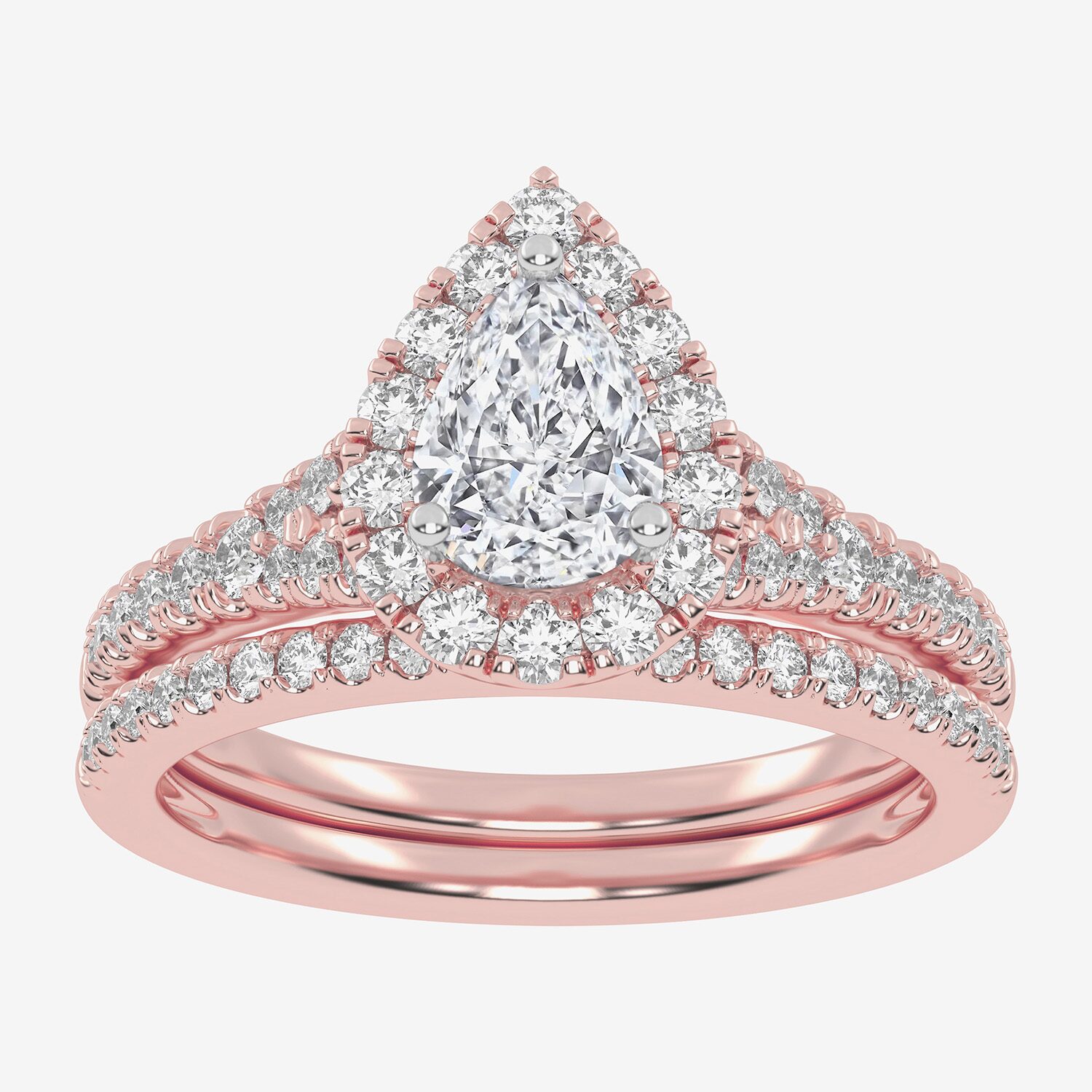 (G-H / Vs2-Si1) Womens 1 CT. T.W. Lab Grown White Diamond 10K Gold Pear Side Stone Halo Bridal Set