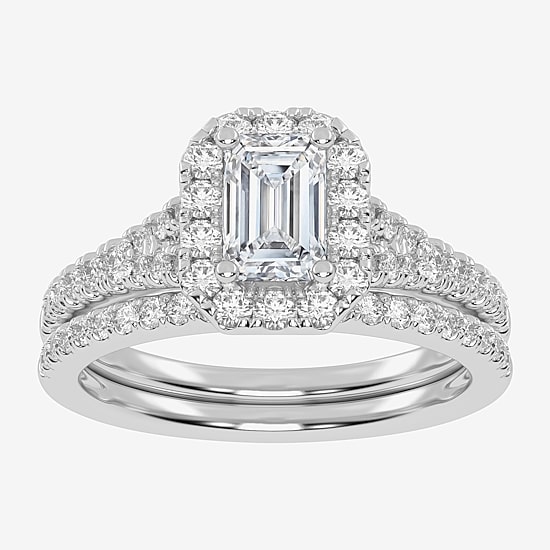 (G-H / Vs2-Si1) Womens 1 CT. T.W. Lab Grown White Diamond 10K Gold Side Stone Halo Bridal Set