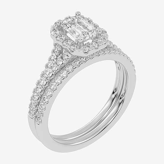 (G-H / Vs2-Si1) Womens 1 CT. T.W. Lab Grown White Diamond 10K Gold Side Stone Halo Bridal Set