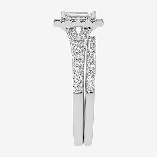 (G-H / Vs2-Si1) Womens 1 CT. T.W. Lab Grown White Diamond 10K Gold Side Stone Halo Bridal Set