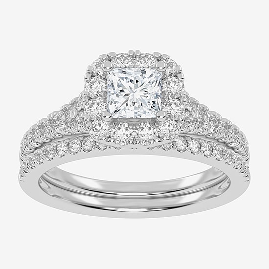 (G-H / Vs2-Si1) Womens 1 CT. T.W. Lab Grown White Diamond 10K Gold Cushion Side Stone Halo Bridal Set