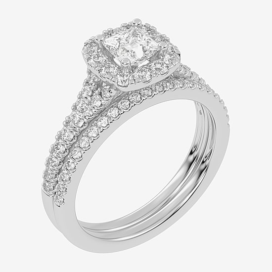 (G-H / Vs2-Si1) Womens 1 CT. T.W. Lab Grown White Diamond 10K Gold Cushion Side Stone Halo Bridal Set