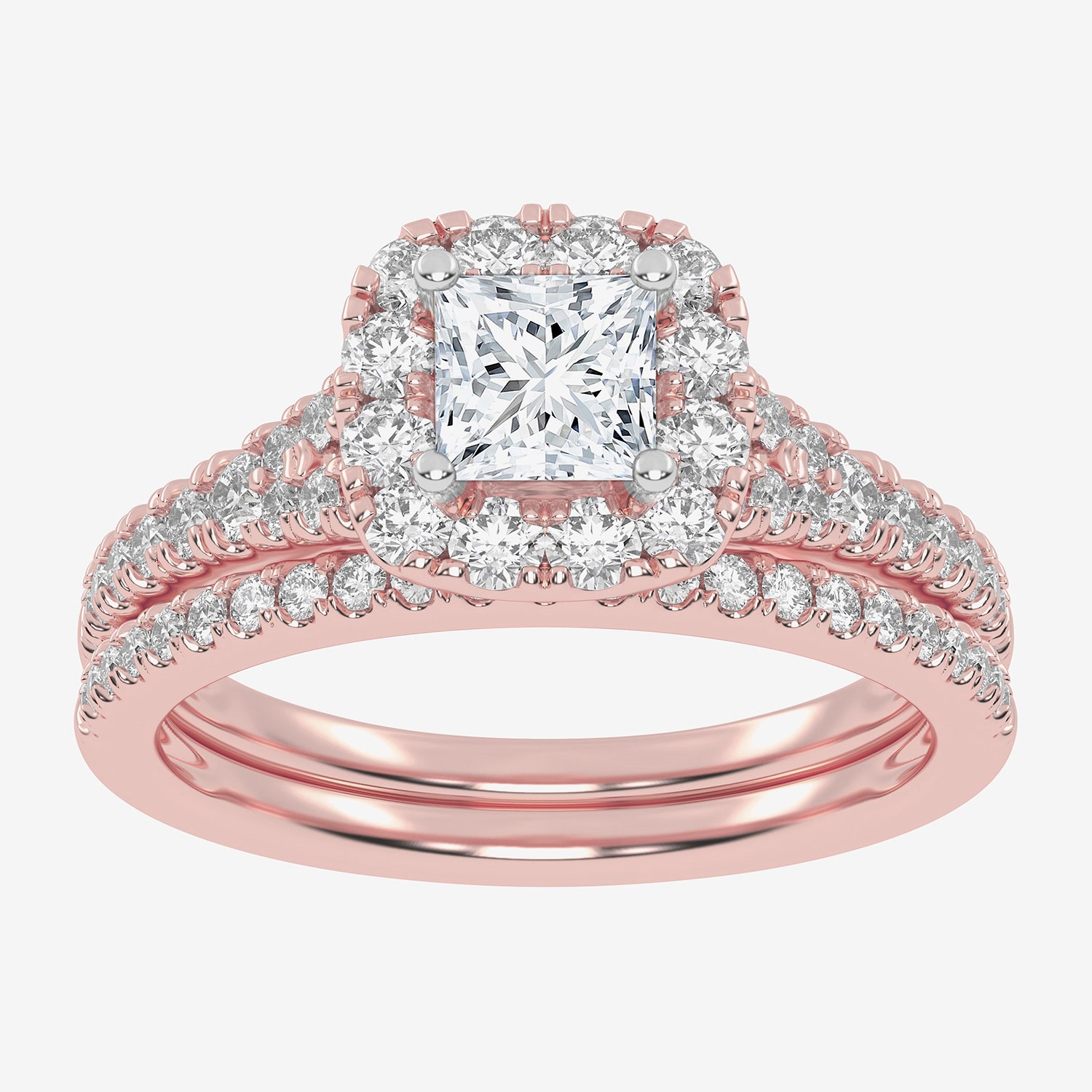 (G-H / Vs2-Si1) Womens 1 CT. T.W. Lab Grown White Diamond 10K Gold Cushion Side Stone Halo Bridal Set