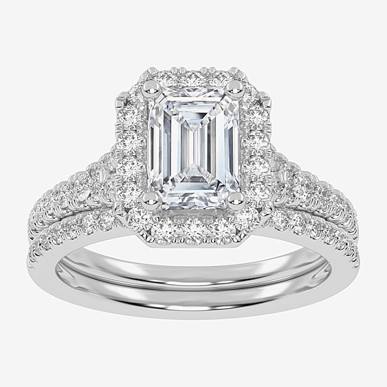 (G-H / Vs2-Si1) Womens 1 1/2 CT. T.W. Lab Grown White Diamond 14K Gold Side Stone Halo Bridal Set