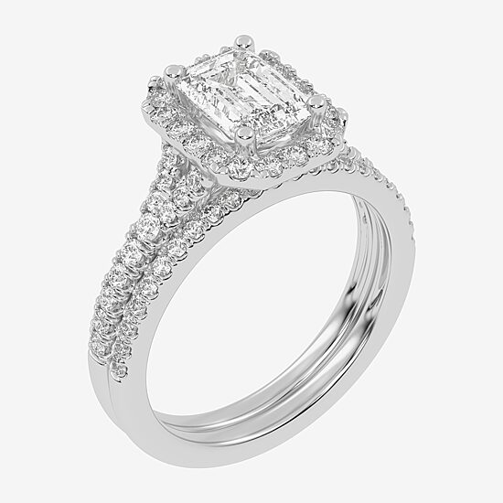 (G-H / Vs2-Si1) Womens 1 1/2 CT. T.W. Lab Grown White Diamond 14K Gold Side Stone Halo Bridal Set