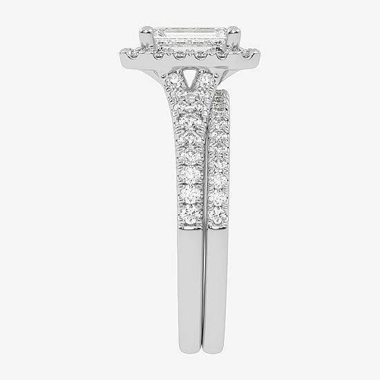 (G-H / Vs2-Si1) Womens 1 1/2 CT. T.W. Lab Grown White Diamond 14K Gold Side Stone Halo Bridal Set