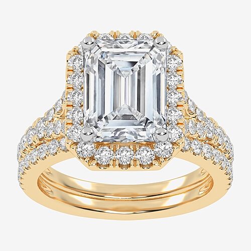 (G-H / Vs2-Si1) Womens 3 3/4 CT. T.W. Lab Grown White Diamond 14K Gold Side Stone Halo Bridal Set, 8, Yellow