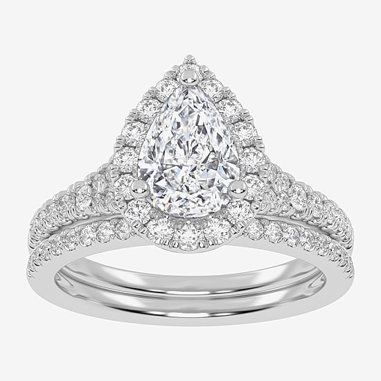(G-H / Vs2-Si1) Womens 1 1/2 CT. T.W. Lab Grown White Diamond 14K Gold Pear Side Stone Halo Bridal Set
