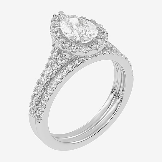 (G-H / Vs2-Si1) Womens 1 1/2 CT. T.W. Lab Grown White Diamond 14K Gold Pear Side Stone Halo Bridal Set