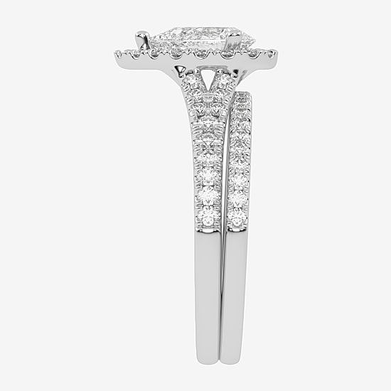 (G-H / Vs2-Si1) Womens 1 1/2 CT. T.W. Lab Grown White Diamond 14K Gold Pear Side Stone Halo Bridal Set