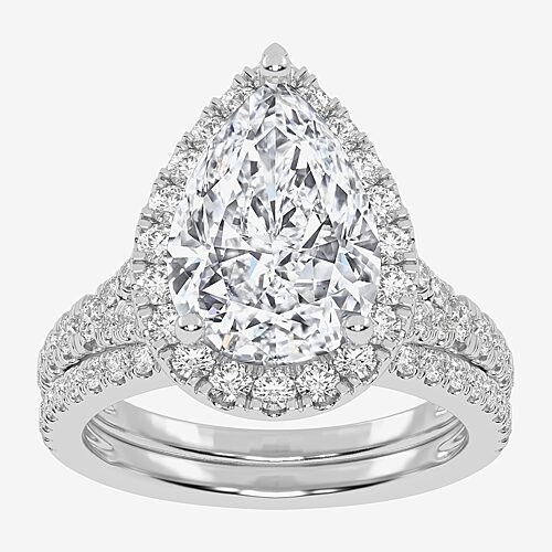 (G-H / Vs2-Si1) Womens 3 3/4 CT. T.W. Lab Grown White Diamond 14K Gold Pear Side Stone Halo Bridal Set, 8, White
