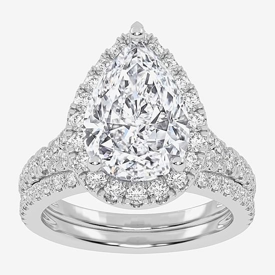 (G-H / Vs2-Si1) Womens 3 3/4 CT. T.W. Lab Grown White Diamond 14K Gold Pear Side Stone Halo Bridal Set