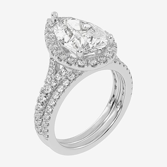 (G-H / Vs2-Si1) Womens 3 3/4 CT. T.W. Lab Grown White Diamond 14K Gold Pear Side Stone Halo Bridal Set