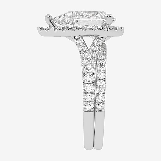 (G-H / Vs2-Si1) Womens 3 3/4 CT. T.W. Lab Grown White Diamond 14K Gold Pear Side Stone Halo Bridal Set