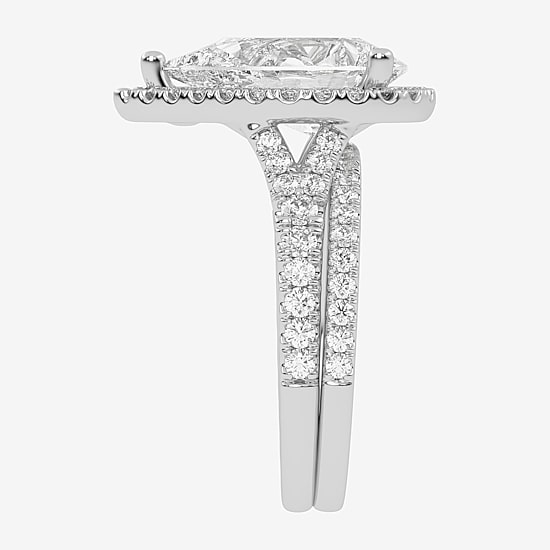 (G-H / Vs2-Si1) Womens 4 3/4 CT. T.W. Lab Grown White Diamond 14K Gold Pear Side Stone Halo Bridal Set