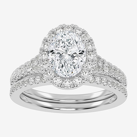 (G-H / Vs2-Si1) Womens 1 1/2 CT. T.W. Lab Grown White Diamond 14K Gold Oval Side Stone Halo Bridal Set