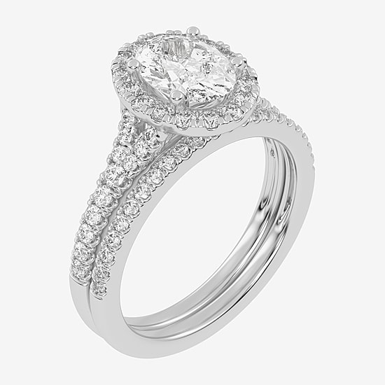 (G-H / Vs2-Si1) Womens 1 1/2 CT. T.W. Lab Grown White Diamond 14K Gold Oval Side Stone Halo Bridal Set