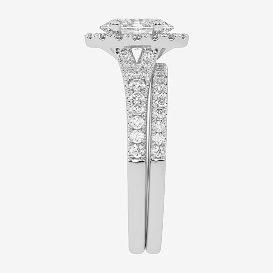 (G-H / Vs2-Si1) Womens 1 1/2 CT. T.W. Lab Grown White Diamond 14K Gold Oval Side Stone Halo Bridal Set