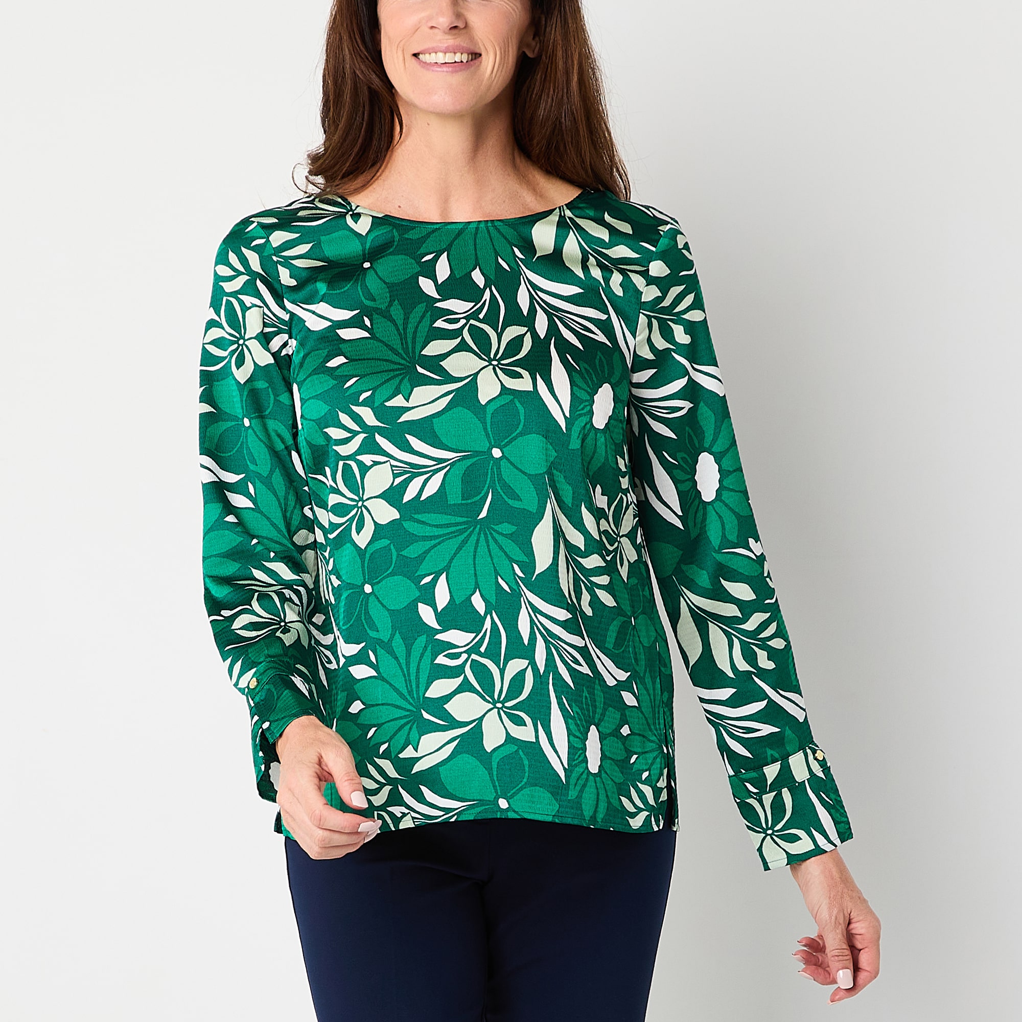 Liz Claiborne Womens Round Neck Long Sleeve Satin Blouse