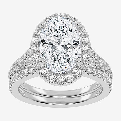 (G-H / Vs2-Si1) Womens 3 3/4 CT. T.W. Lab Grown White Diamond 14K Gold Oval Side Stone Halo Bridal Set, 8, White