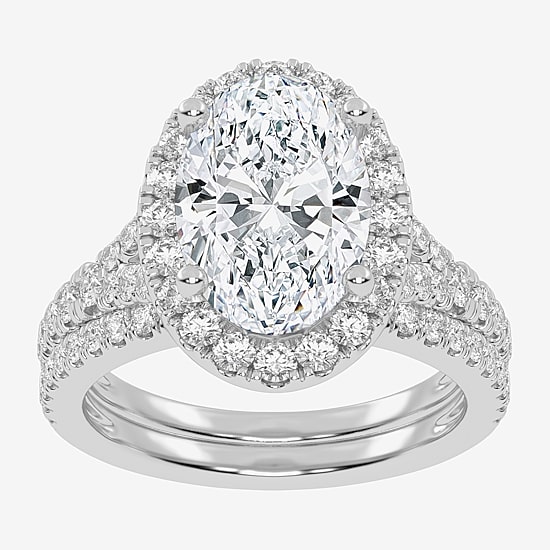 (G-H / Vs2-Si1) Womens 3 3/4 CT. T.W. Lab Grown White Diamond 14K Gold Oval Side Stone Halo Bridal Set