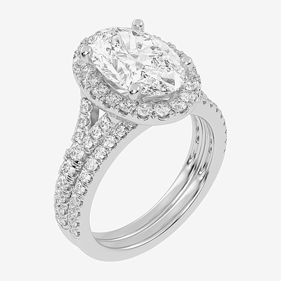 (G-H / Vs2-Si1) Womens 3 3/4 CT. T.W. Lab Grown White Diamond 14K Gold Oval Side Stone Halo Bridal Set