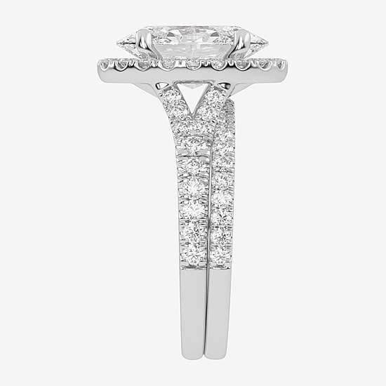 (G-H / Vs2-Si1) Womens 3 3/4 CT. T.W. Lab Grown White Diamond 14K Gold Oval Side Stone Halo Bridal Set