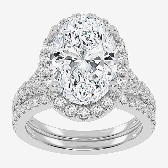 (G-H / Vs2-Si1) Womens 4 3/4 CT. T.W. Lab Grown White Diamond 14K Gold Oval Side Stone Halo Bridal Set