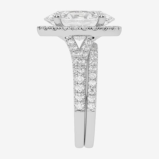(G-H / Vs2-Si1) Womens 4 3/4 CT. T.W. Lab Grown White Diamond 14K Gold Oval Side Stone Halo Bridal Set