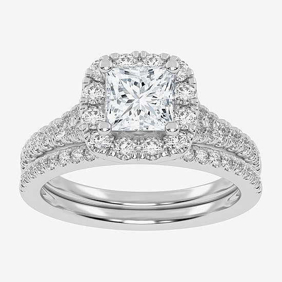 (G-H / Vs2-Si1) Womens 1 1/2 CT. T.W. Lab Grown White Diamond 14K Gold Side Stone Halo Bridal Set