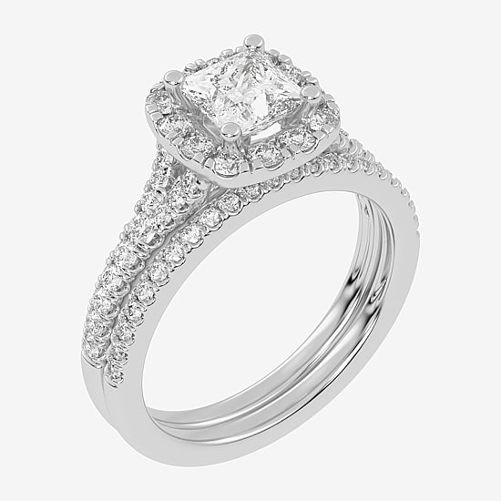 (G-H / Vs2-Si1) Womens 1 1/2 CT. T.W. Lab Grown White Diamond 14K Gold Side Stone Halo Bridal Set