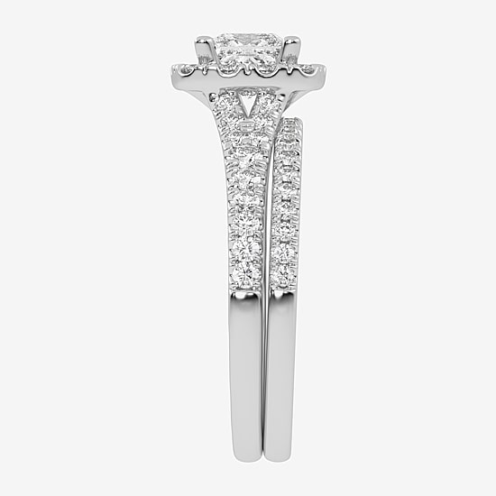 (G-H / Vs2-Si1) Womens 1 1/2 CT. T.W. Lab Grown White Diamond 14K Gold Side Stone Halo Bridal Set