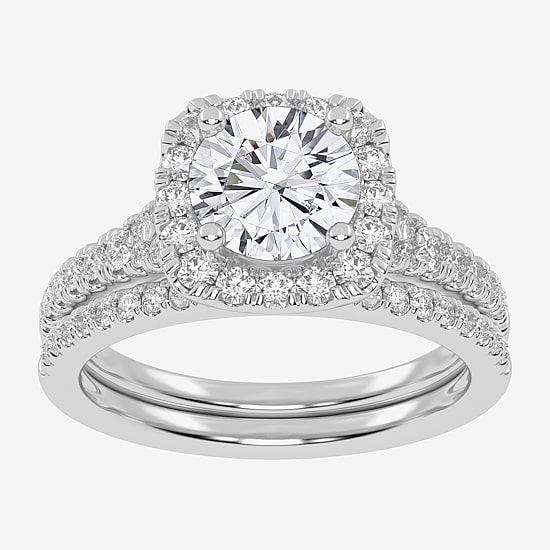 (G-H / Vs2-Si1) Womens 1 1/2 CT. T.W. Lab Grown White Diamond 14K Gold Round Side Stone Halo Bridal Set