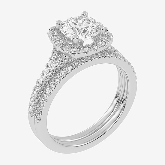 (G-H / Vs2-Si1) Womens 1 1/2 CT. T.W. Lab Grown White Diamond 14K Gold Round Side Stone Halo Bridal Set