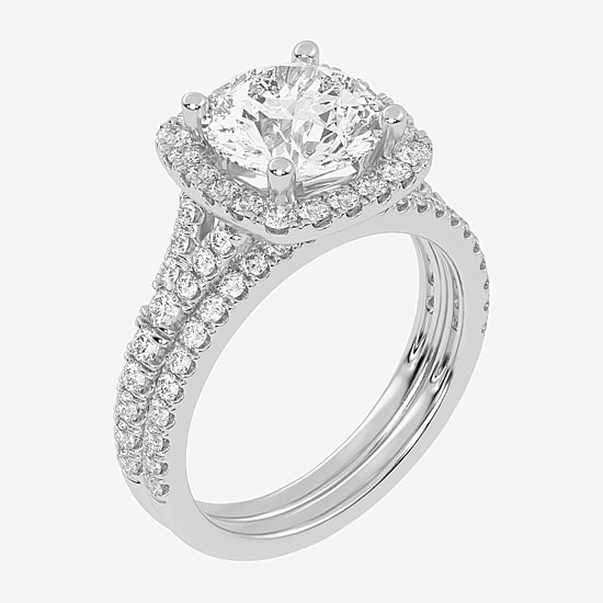 (G-H / Vs2-Si1) Womens 2 3/4 CT. T.W. Lab Grown White Diamond 14K Gold Round Side Stone Halo Bridal Set