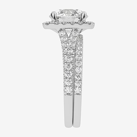 (G-H / Vs2-Si1) Womens 2 3/4 CT. T.W. Lab Grown White Diamond 14K Gold Round Side Stone Halo Bridal Set