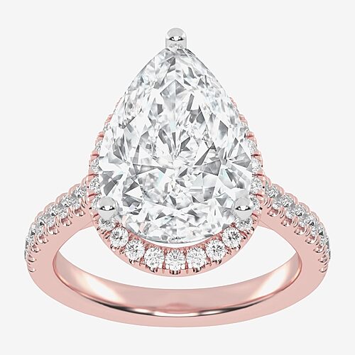(G-H / Vs2-Si1) Womens 3 1/2 CT. T.W Lab Grown White Diamond 14K Gold Pear Side Stone Halo Engagement Ring, 8, Rose