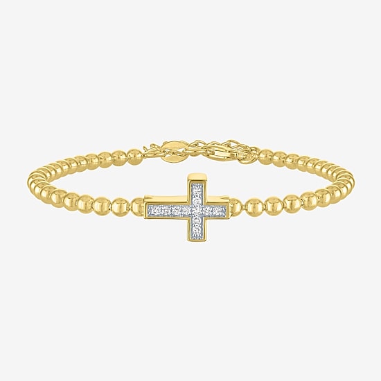Cross (Gh / Si2 I1) Womens 1/10 CT. T.W. Lab Grown White Diamond 14K Gold Over Silver Sterling Silver Cross Beaded Bracelet