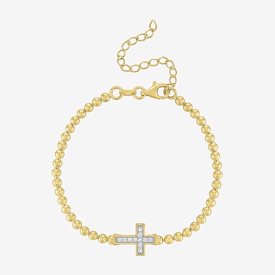 Cross (Gh / Si2 I1) Womens 1/10 CT. T.W. Lab Grown White Diamond 14K Gold Over Silver Sterling Silver Cross Beaded Bracelet