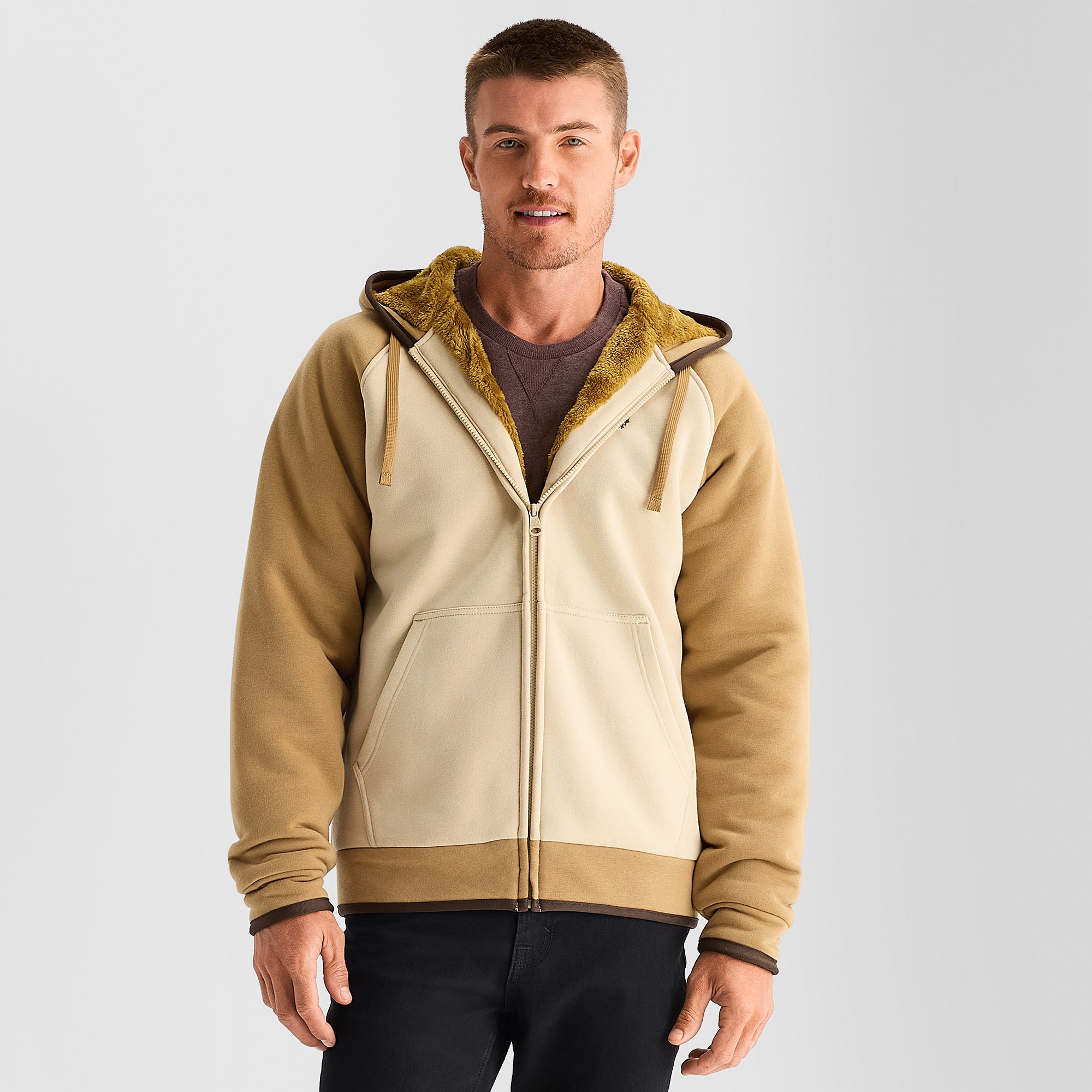 U.S. Polo Assn. Colorblock Sherpa Mens Long Sleeve Embroidered Fleece Zipper Hoodie