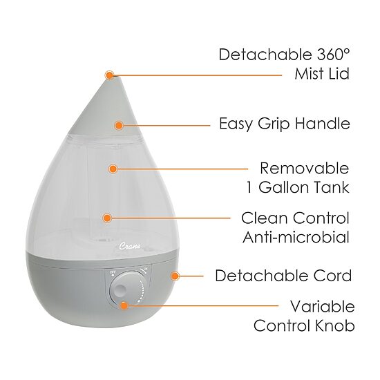 Crane Drop 1 Gallon Ultrasonic Cool Mist Humidifier - Grey
