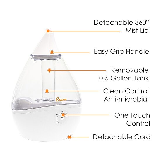 Crane Droplet 0.5 Gallon Ultrasonic Cool Mist Humidifier - Clear/White
