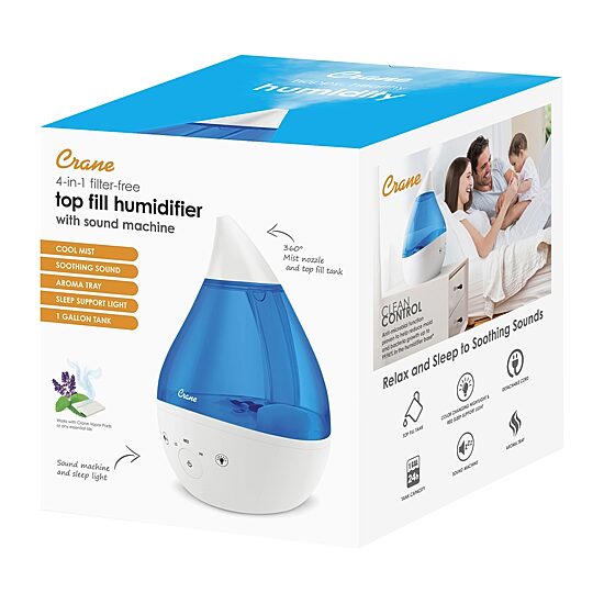 Crane 4-In-1 Top Fill 1 Gallon Cool Mist Humidifier with Sound Machine - Blue/White