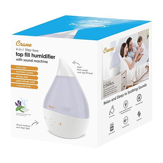 Crane 4-In-1 Top Fill 1 Gallon Cool Mist Humidifier with Sound Machine - White