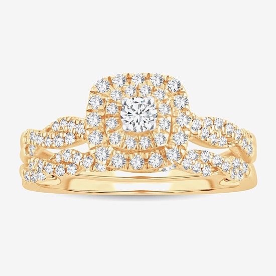 Womens 1/2 CT. T.W. Natural White Diamond 10K Gold Cushion Halo Bridal Set