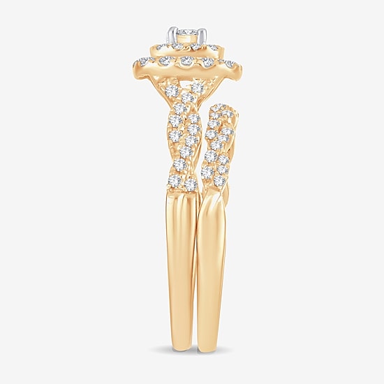 Womens 1/2 CT. T.W. Natural White Diamond 10K Gold Cushion Halo Bridal Set