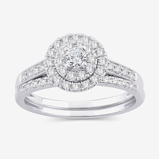Womens 1/2 CT. T.W. Natural White Diamond 10K Gold Round Side Stone Halo Bridal Set